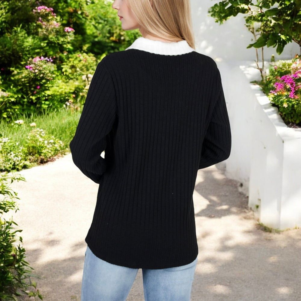 Ribbed Long Sleeve Pullover Top with Layered V-Neck and Collar