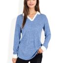 Blue Large Ribbed Long Sleeve Pullover Top with Layered V-Neck and Collar