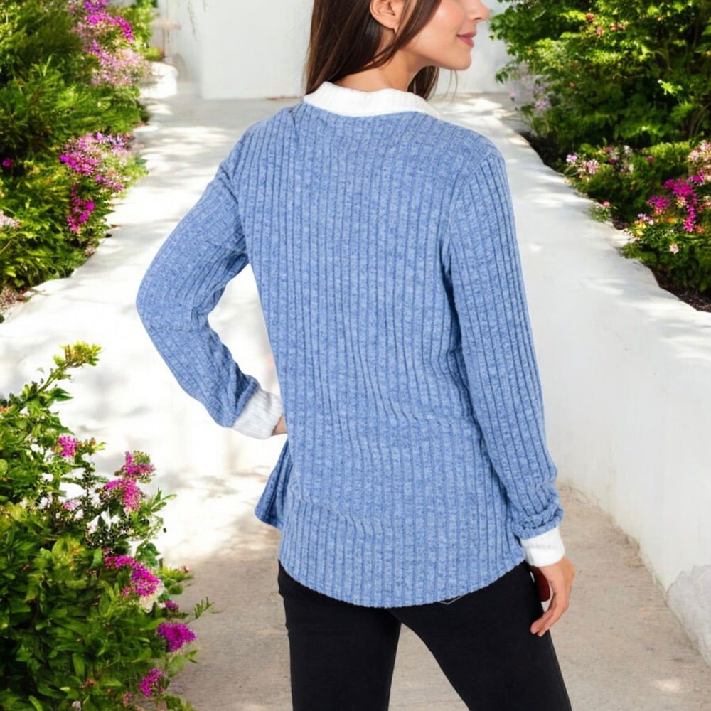 Ribbed Long Sleeve Pullover Top with Layered V-Neck and Collar