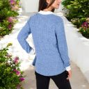 Blue Large Ribbed Long Sleeve Pullover Top with Layered V-Neck and Collar