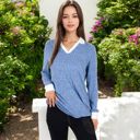 Blue Large Ribbed Long Sleeve Pullover Top with Layered V-Neck and Collar