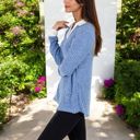 Blue Large Ribbed Long Sleeve Pullover Top with Layered V-Neck and Collar