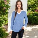 Blue Large Ribbed Long Sleeve Pullover Top with Layered V-Neck and Collar