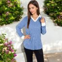 Blue Large Ribbed Long Sleeve Pullover Top with Layered V-Neck and Collar