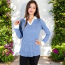 Blue Large Ribbed Long Sleeve Pullover Top with Layered V-Neck and Collar