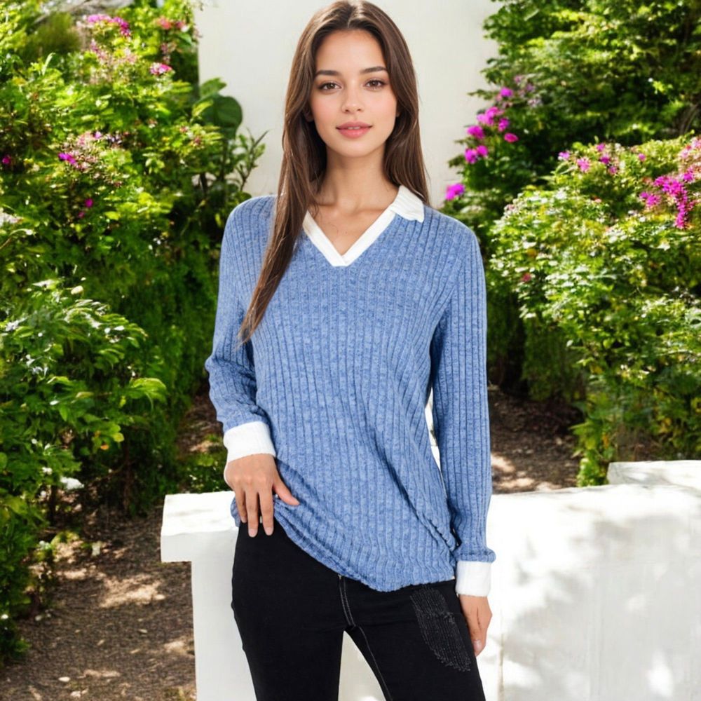 Ribbed Long Sleeve Pullover Top with Layered V-Neck and Collar