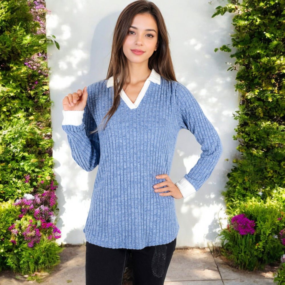 Ribbed Long Sleeve Pullover Top with Layered V-Neck and Collar