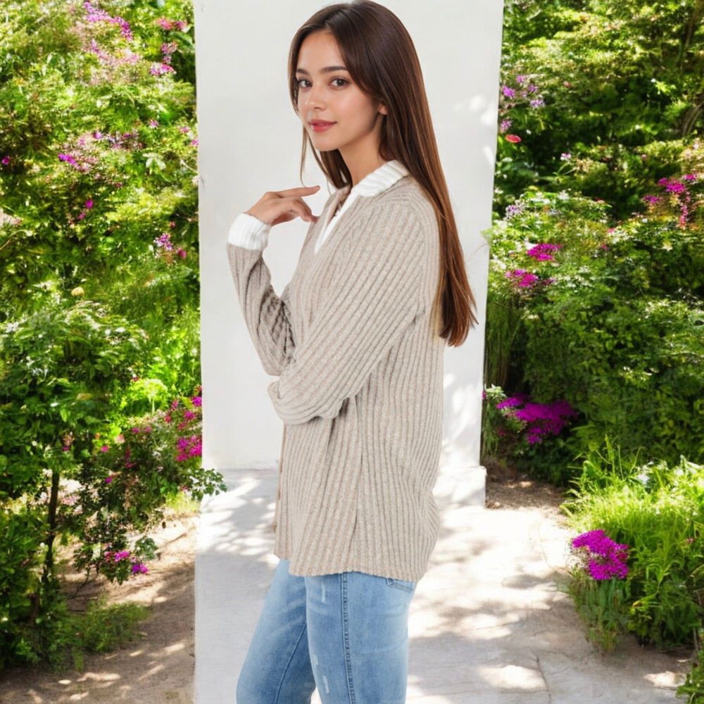 Ribbed Long Sleeve Pullover Top with Layered V-Neck and Collar