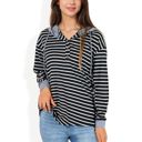  Striped Long Sleeve Pullover Hoodie with Button-Down Collar and Cuffed Sleeves