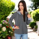  Striped Long Sleeve Pullover Hoodie with Button-Down Collar and Cuffed Sleeves