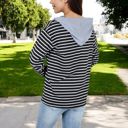  Striped Long Sleeve Pullover Hoodie with Button-Down Collar and Cuffed Sleeves