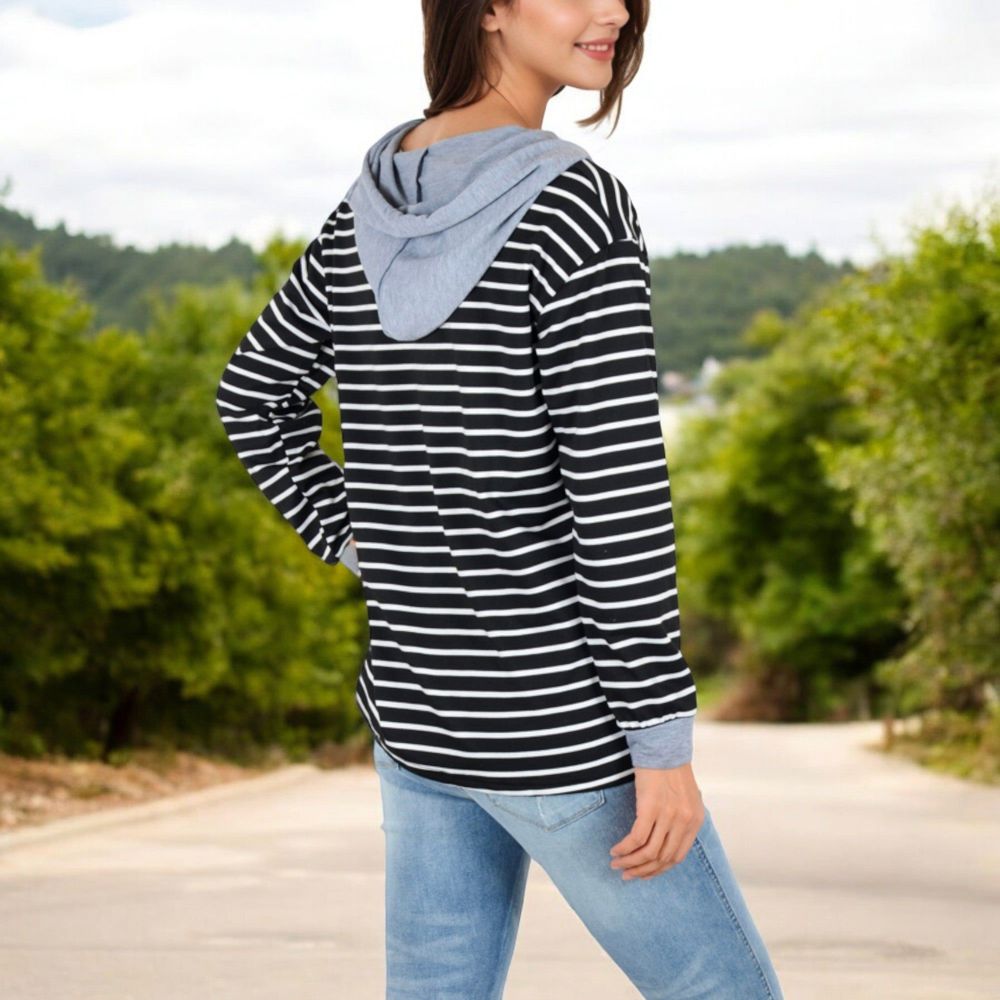 Striped Long Sleeve Pullover Hoodie with Button-Down Collar and Cuffed Sleeves