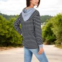  Striped Long Sleeve Pullover Hoodie with Button-Down Collar and Cuffed Sleeves