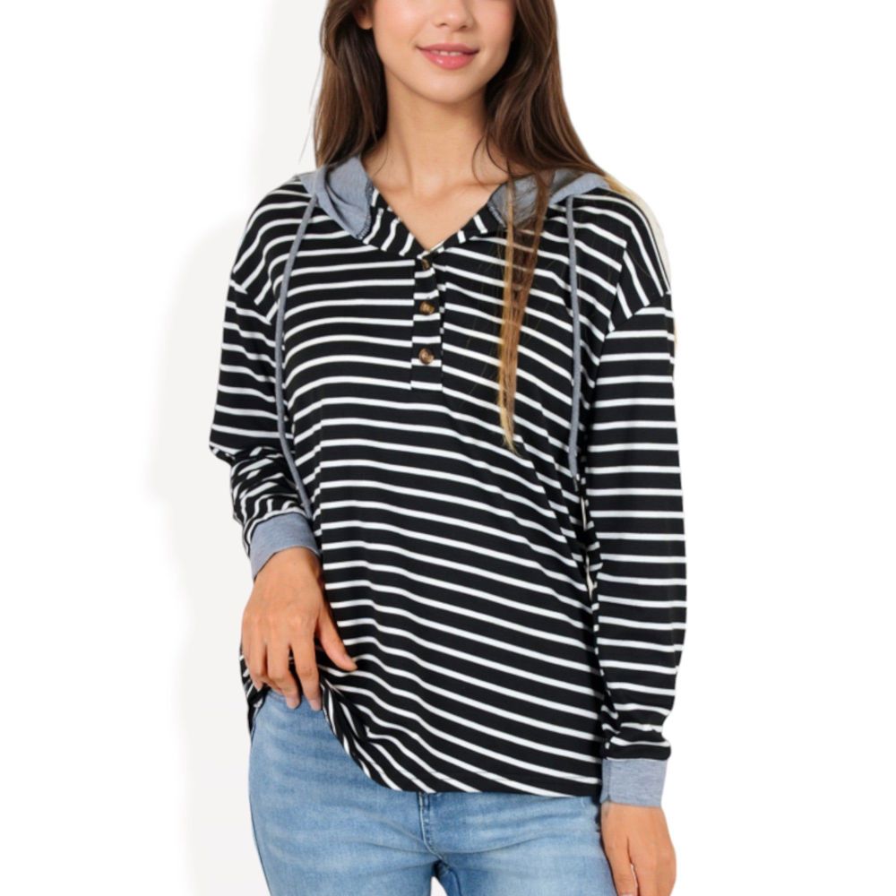 Striped Long Sleeve Pullover Hoodie with Button-Down Collar and Cuffed Sleeves