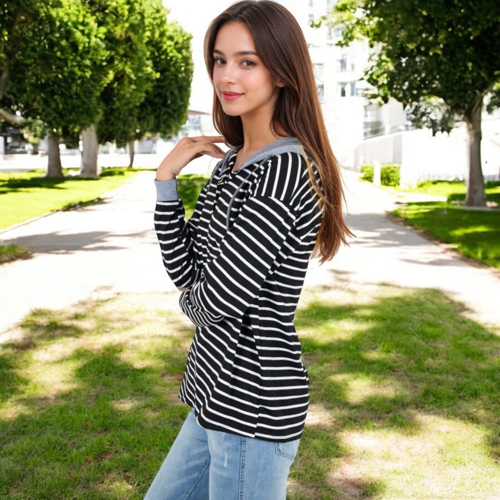 Striped Long Sleeve Pullover Hoodie with Button-Down Collar and Cuffed Sleeves