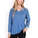 Blue Large Striped Long Sleeve Pullover Hoodie with Button-Down Collar and Cuffed Sleeves