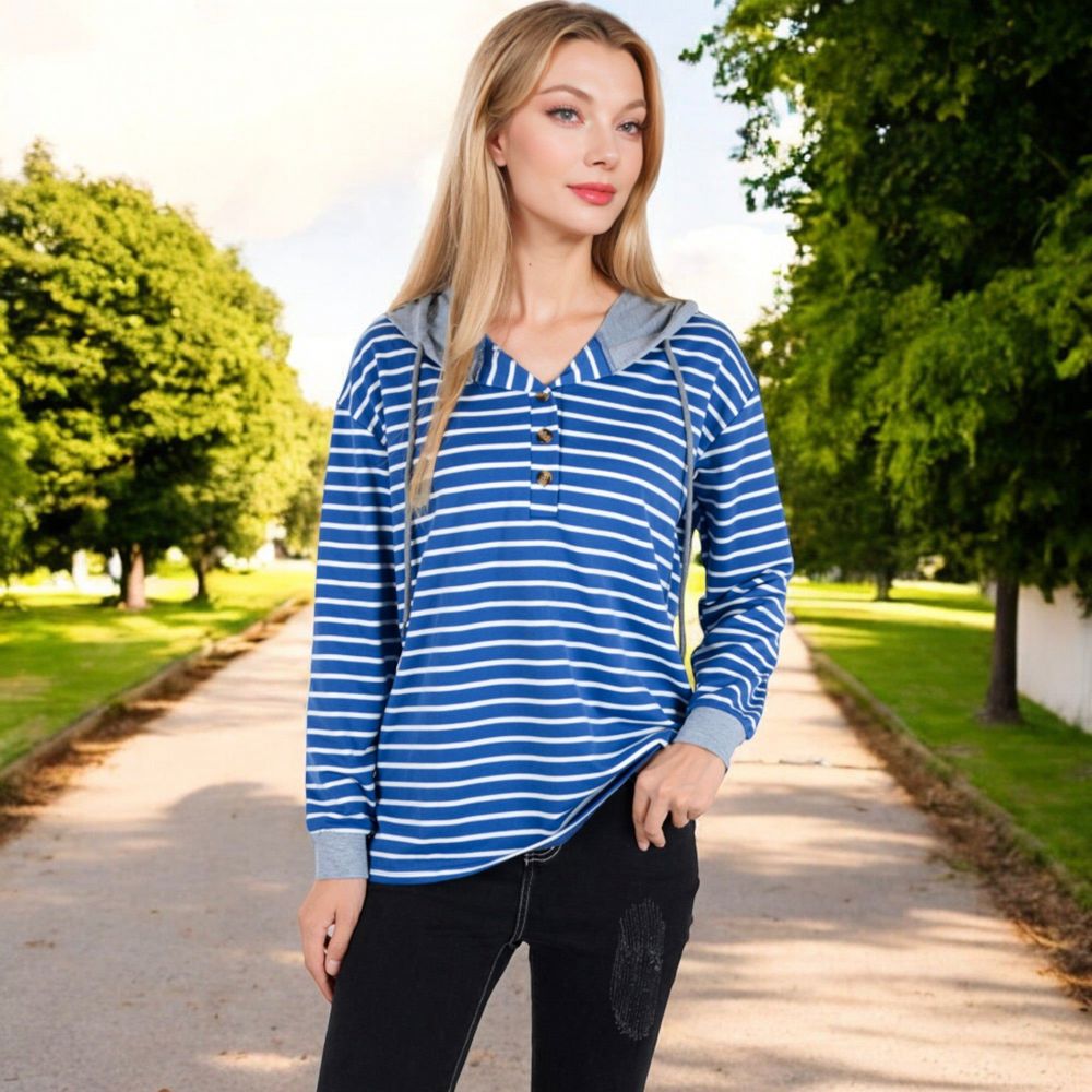 Striped Long Sleeve Pullover Hoodie with Button-Down Collar and Cuffed Sleeves