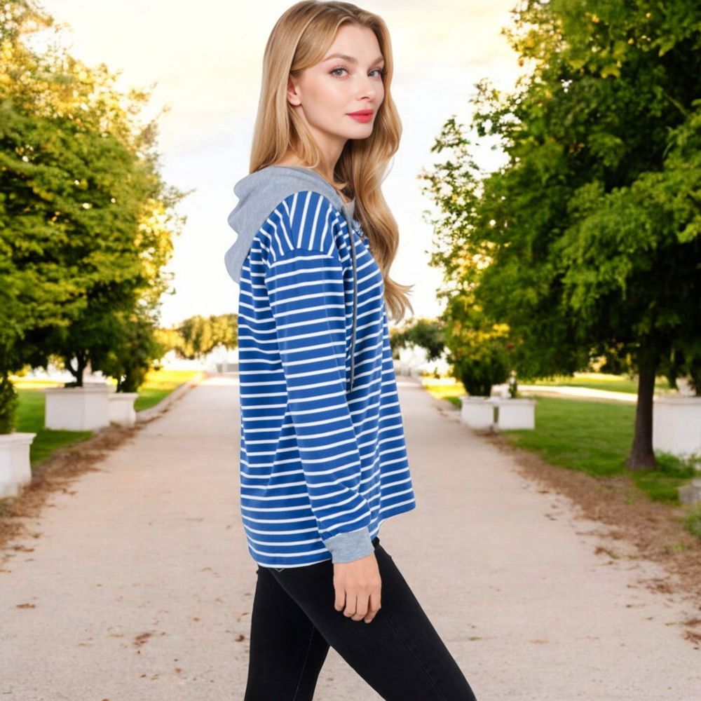 Striped Long Sleeve Pullover Hoodie with Button-Down Collar and Cuffed Sleeves