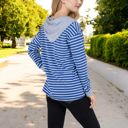 Blue Large Striped Long Sleeve Pullover Hoodie with Button-Down Collar and Cuffed Sleeves