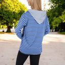 Blue Large Striped Long Sleeve Pullover Hoodie with Button-Down Collar and Cuffed Sleeves