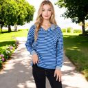 Blue Large Striped Long Sleeve Pullover Hoodie with Button-Down Collar and Cuffed Sleeves