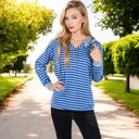 Blue Large Striped Long Sleeve Pullover Hoodie with Button-Down Collar and Cuffed Sleeves