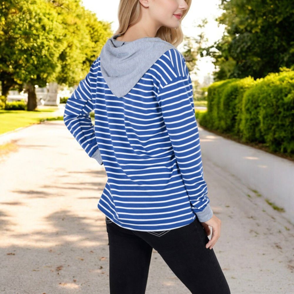 Striped Long Sleeve Pullover Hoodie with Button-Down Collar and Cuffed Sleeves