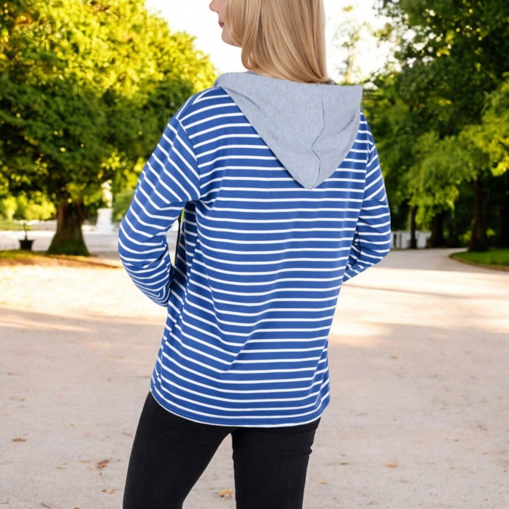 Striped Long Sleeve Pullover Hoodie with Button-Down Collar and Cuffed Sleeves