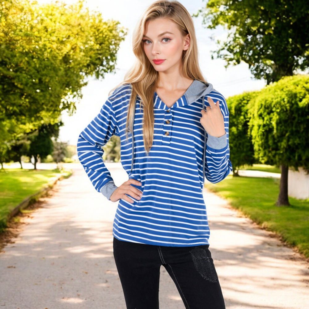 Striped Long Sleeve Pullover Hoodie with Button-Down Collar and Cuffed Sleeves