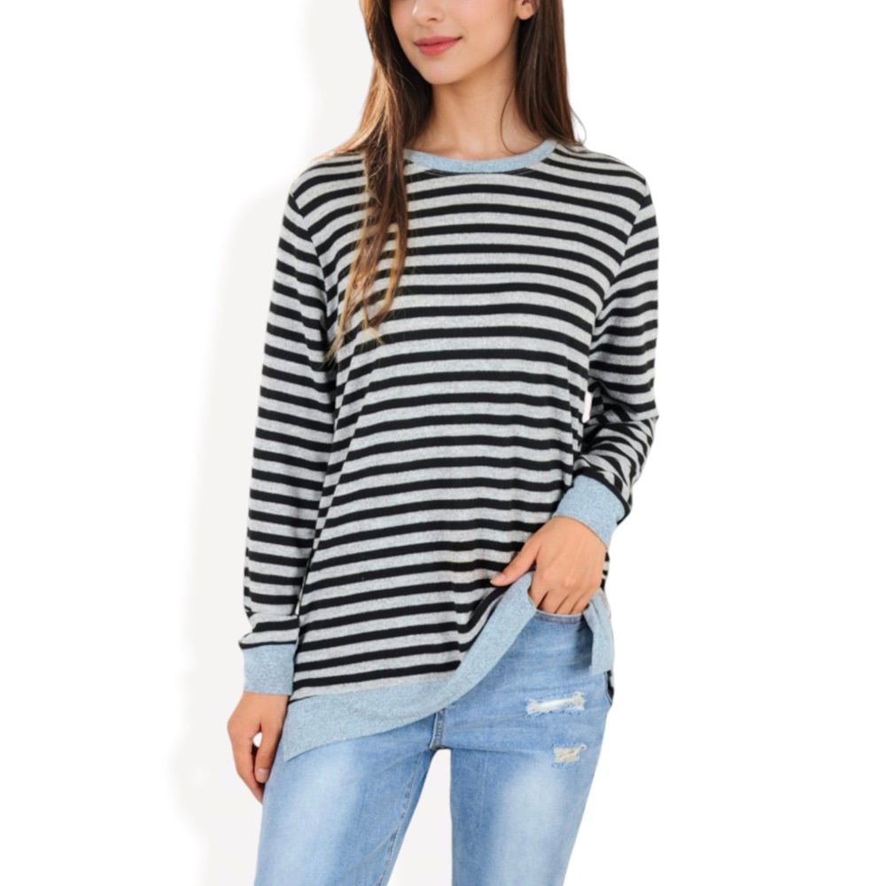 Long Sleeve Striped Pullover with Contrast Hem and Cuffs