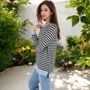  Long Sleeve Striped Pullover with Contrast Hem and Cuffs