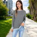  Long Sleeve Striped Pullover with Contrast Hem and Cuffs