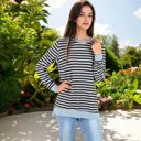  Long Sleeve Striped Pullover with Contrast Hem and Cuffs