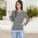  Long Sleeve Striped Pullover with Contrast Hem and Cuffs