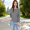  Long Sleeve Striped Pullover with Contrast Hem and Cuffs