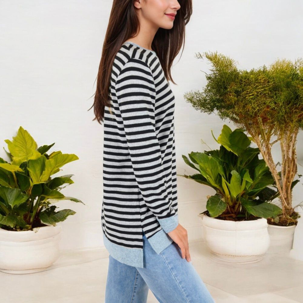 Long Sleeve Striped Pullover with Contrast Hem and Cuffs