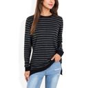 Black Large Long Sleeve Striped Pullover with Contrast Hem and Cuffs