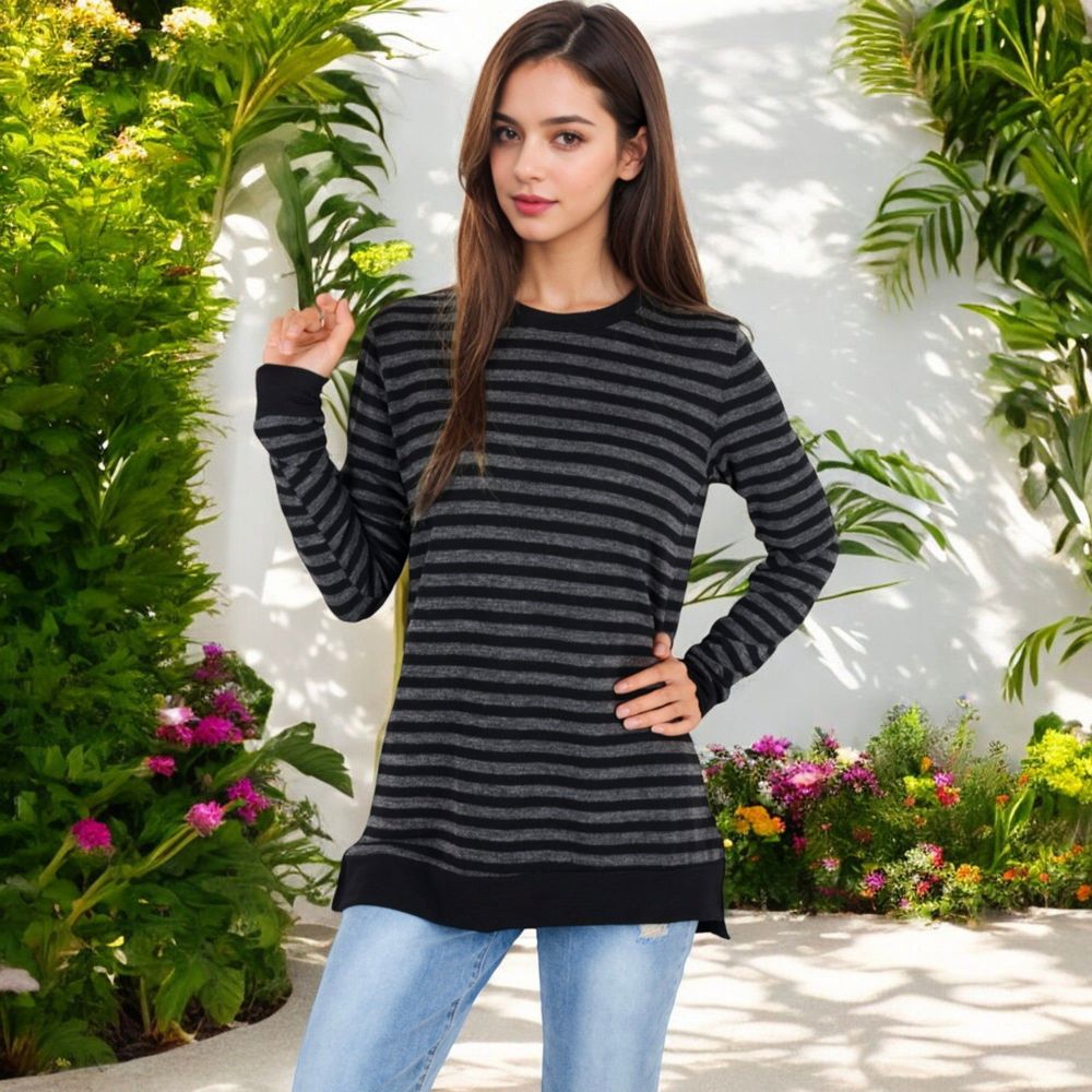 Long Sleeve Striped Pullover with Contrast Hem and Cuffs