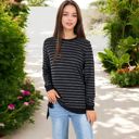 Black Large Long Sleeve Striped Pullover with Contrast Hem and Cuffs