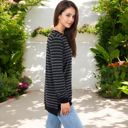 Black Large Long Sleeve Striped Pullover with Contrast Hem and Cuffs