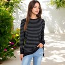 Black Large Long Sleeve Striped Pullover with Contrast Hem and Cuffs