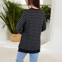 Black Large Long Sleeve Striped Pullover with Contrast Hem and Cuffs