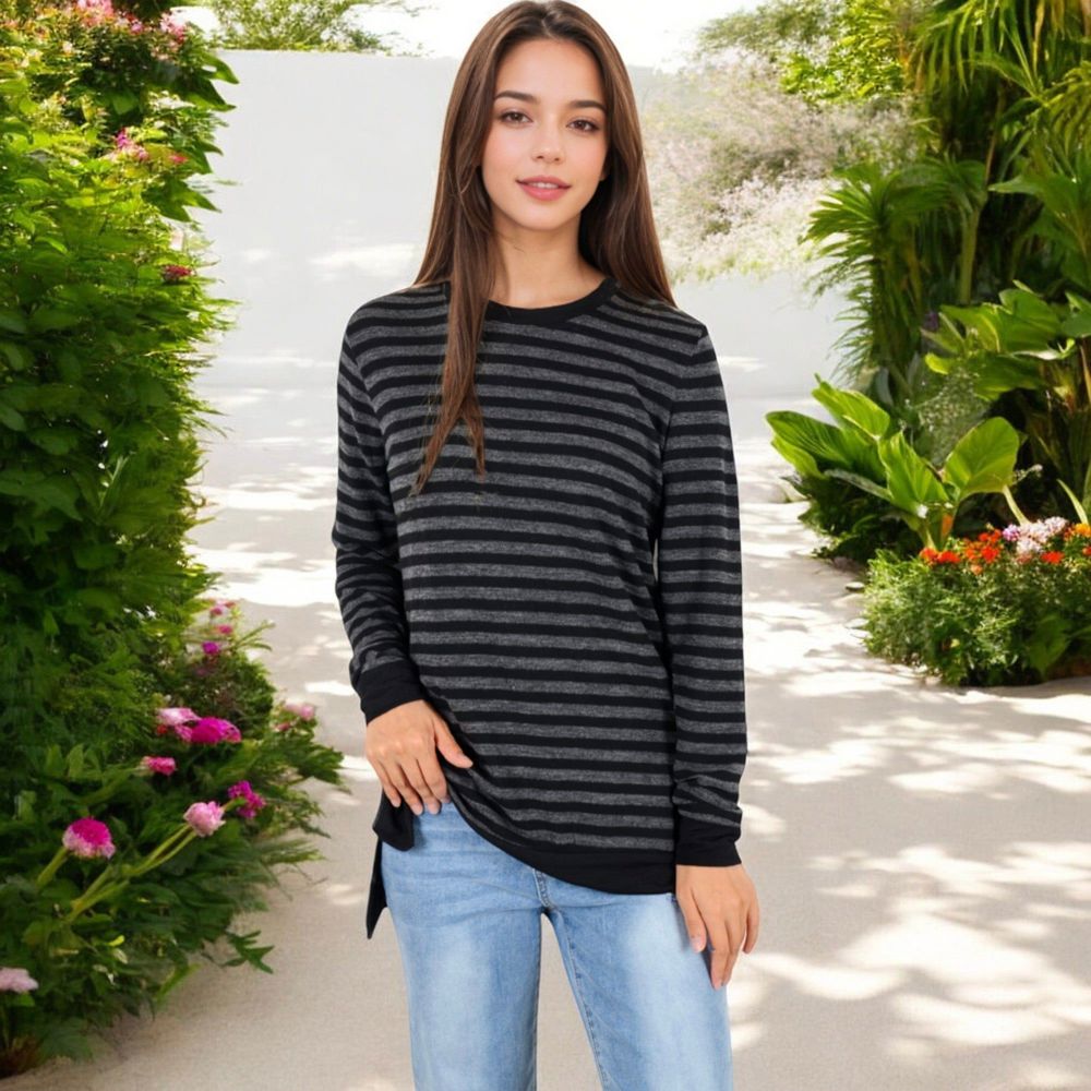 Long Sleeve Striped Pullover with Contrast Hem and Cuffs