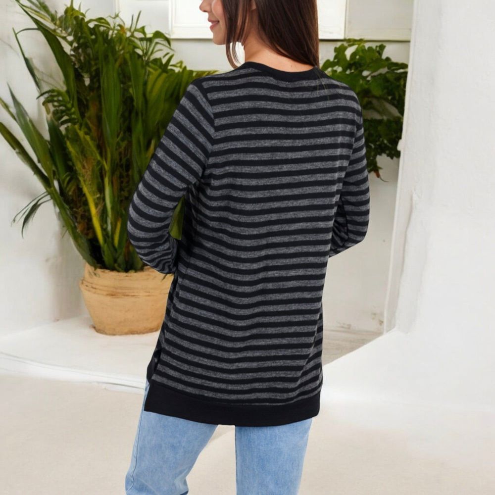 Long Sleeve Striped Pullover with Contrast Hem and Cuffs