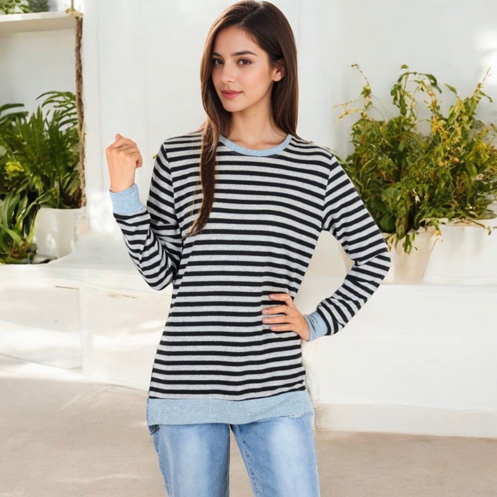 Long Sleeve Striped Pullover with Contrast Hem and Cuffs