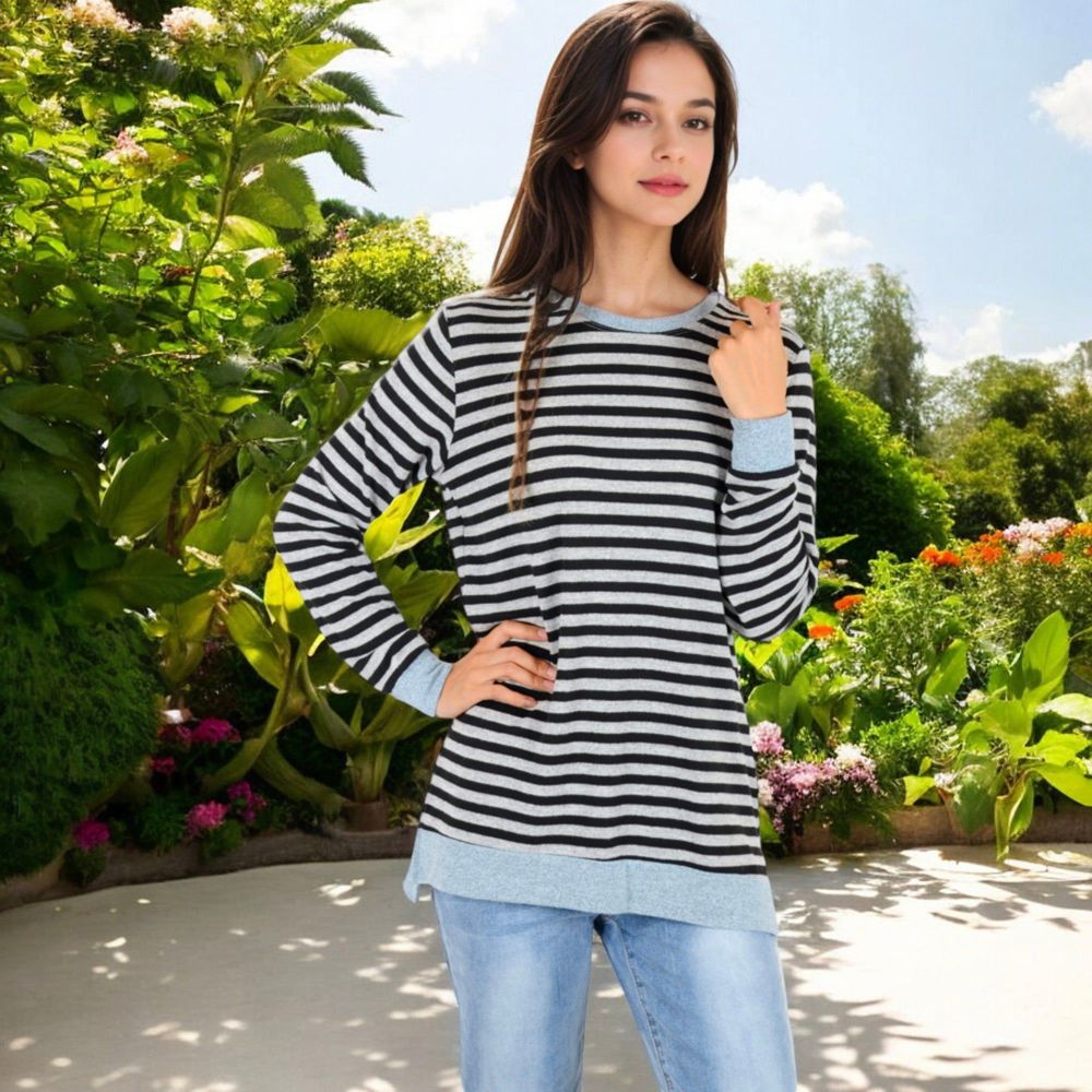 Long Sleeve Striped Pullover with Contrast Hem and Cuffs