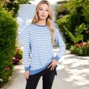 Blue Large Long Sleeve Striped Pullover with Contrast Hem and Cuffs