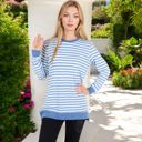 Blue Large Long Sleeve Striped Pullover with Contrast Hem and Cuffs