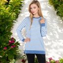 Blue Large Long Sleeve Striped Pullover with Contrast Hem and Cuffs