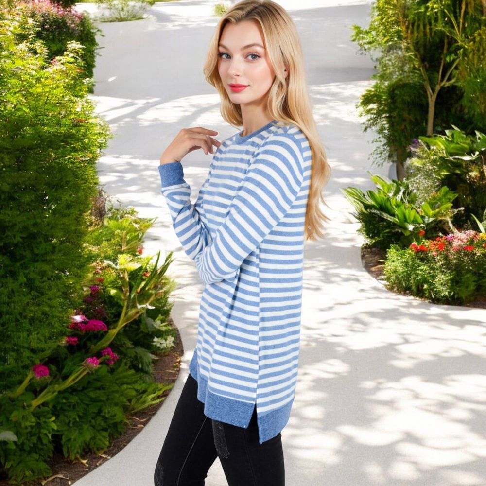 Long Sleeve Striped Pullover with Contrast Hem and Cuffs